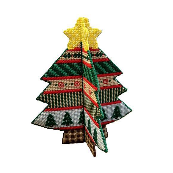 Vintage Christmas Tree Needlepoint Plastic Four Sided Folk Art Completed - Picture 1 of 4
